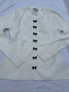 Nanette Lepore Cream Ribbed Knit Cardigan with Black Bow Buttons
